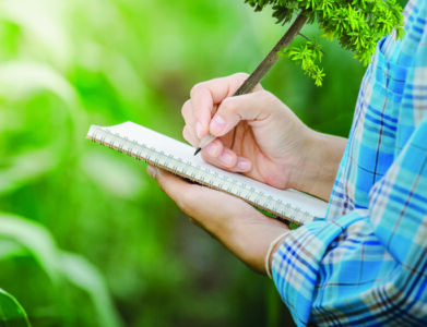 Woman's hand take notes with a pencil tree on a notebook in agriculture garden.